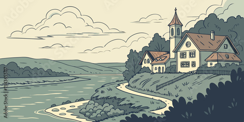 Hand drawn illustration of a quaint village scene featuring houses a church with a steeple a winding path a river and rolling hills in the