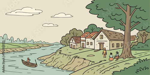 Hand drawn illustration of a riverside village with houses trees and people evoking a sense of peace simplicity and connection to nature perfect for storybook