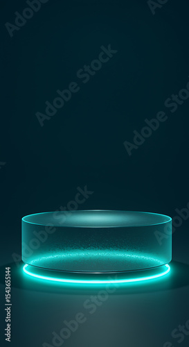 Minimalistic 3d rendered product showcase podium with neon glowing light and teal background