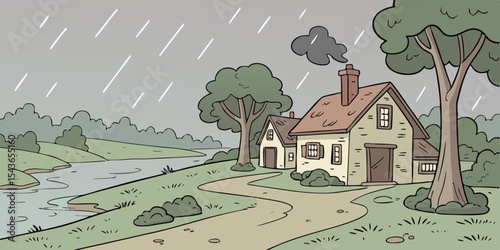Cartoon illustration of a cozy house by a river on a rainy day with trees a winding path and a chimney emitting smoke creating a