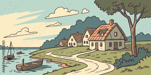 Scenic coastal village illustration with houses boats and a winding path leading to the water evoking a sense of tranquility and rural charm in a