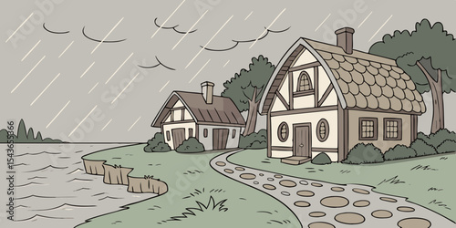 Cartoon illustration of two quaint houses by a lake on a rainy day showcasing a peaceful slightly gloomy atmosphere with a charming storybook aesthetic