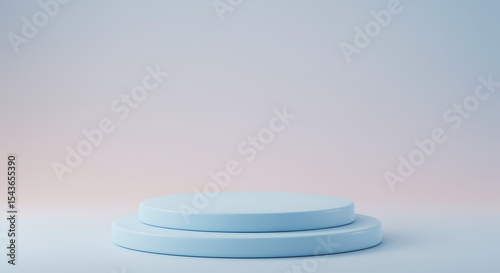 Minimalistic blue stage display with two levels for product presentation and advertisement