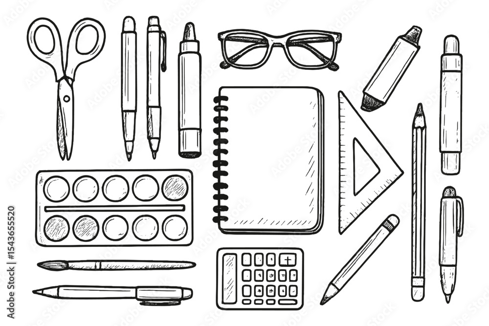 Various school supplies and materials arranged on a surface for educational activities