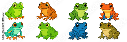 Various colorful cartoon frogs in different poses and expressions displayed on a white background photo