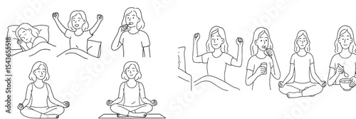Daily routines illustrating different activities including sleeping, eating, meditating, and relaxing at home