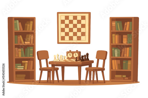 Chess setup in a cozy library with bookshelves and a timer arranged for a casual game
