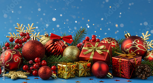 christmas ornaments, festive christmas decorations, red and gold christmas balls, glitter, snow, winter, blue background
