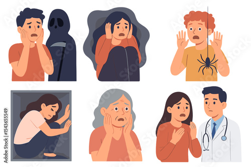 Various expressions of fear and anxiety depicted through characters in different scenarios of stress and concern