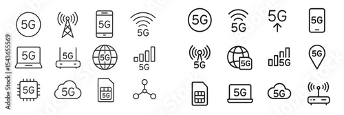 Icon collection illustrating 5G technology concepts, including devices, connections, and network elements in a modern design
