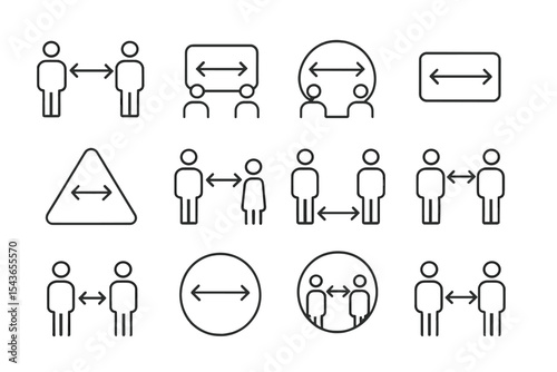 Icons showing social distancing practices in various settings for health awareness and safety measures