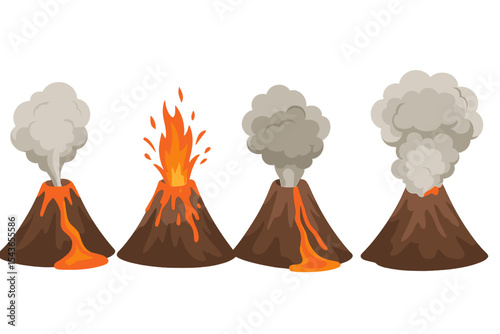 Volcanic eruption stages showing lava flow and ash clouds at various intensity levels