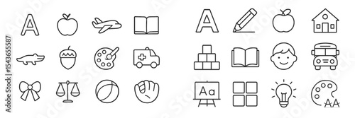 Collection of simple line icons representing various concepts such as education, food, and leisure activities