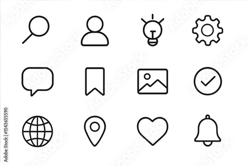 Icons representing various concepts such as search, user, idea, settings, communication, location, and notifications in a minimalistic style