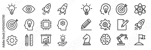 Creative symbols representing innovation, technology, and idea generation in a minimalist design