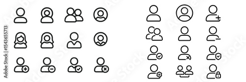 Collection of simple outline icons representing user profiles, activities, and interactions for digital platforms and applications