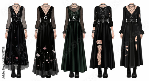A stylish collection of women's black dresses and elegant clothing, perfect for illustrating fashion and glamour