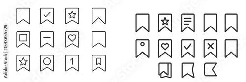 Multiple simple icons representing various bookmarks and symbols designed for user interface applications and graphic design projects