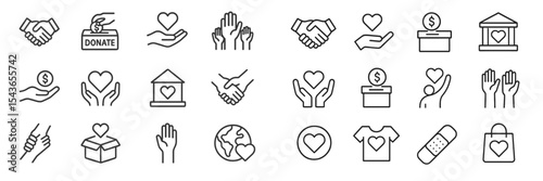 Icons representing charity and community support with hands, hearts, and donations in a continuous line design