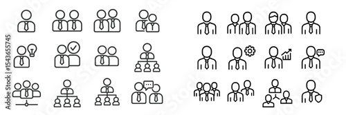 Various icons depicting teamwork, communication, and leadership in a corporate setting showcasing different professional scenarios