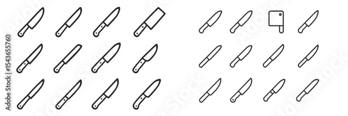 Pattern of kitchen knives and tools arranged in an organized manner on a plain background