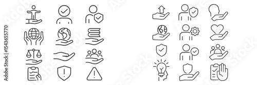 Minimalist icons representing social responsibility, community support, and global awareness in a clean layout
