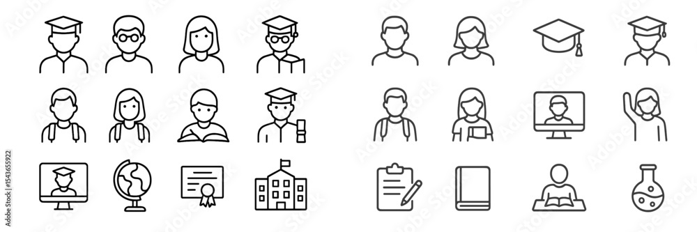 Fototapeta premium Diverse icons representing educational themes, student life, and academic achievements in a simple black and white design