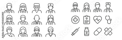 Health professionals and medical tools illustrated in a clear, modern style, representing various occupations and health symbols