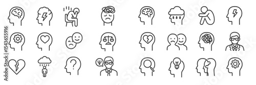 Exploring various mental health symbols and emotions in minimalistic line drawings showcasing psychological themes