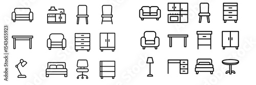 Collection of minimalistic furniture icons in black and white showcasing various household items and designs