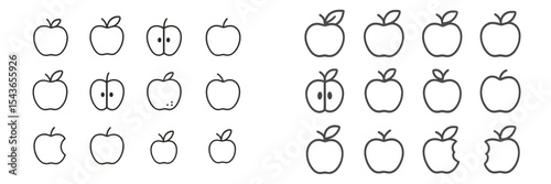 Various illustrations of apples showcasing different styles and details in a simplistic design on a clean background