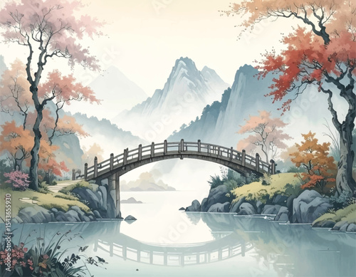Tranquil autumn bridge landscape with mountains and water. Serene fall scenery with a wooden bridge in a peaceful river. Scenic autumn bridge over calm water in misty mountains
