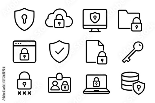 Simple line icons representing various aspects of online security and data protection in a digital environment