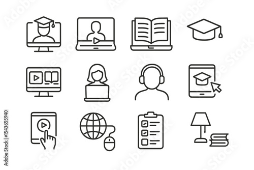 Educational technology icons representing online learning and virtual classrooms in a modern digital environment