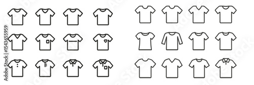 Collection of outlined t-shirt designs arranged in a grid pattern showcasing various styles and types of shirts