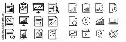 Collection of business and finance icons depicting charts, reports, and analytics in a minimalistic style