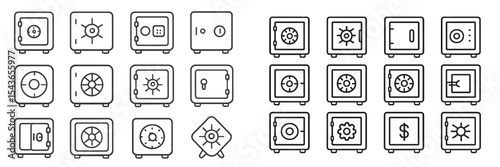 Collection of simple line icons representing various types of safes in different designs and styles for security purposes