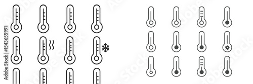 Collection of thermometers displaying various temperature states and indicators in a clear layout related to weather conditions