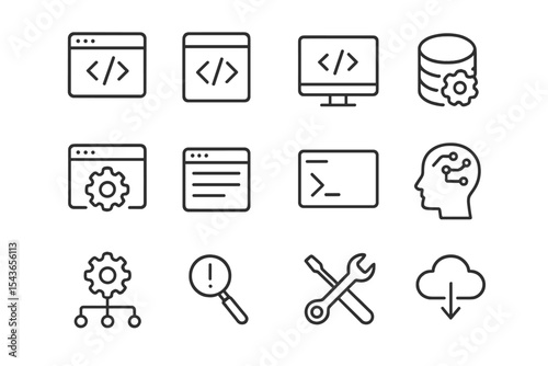 Collection of coding and technology icons illustrating software development concepts and tools in a digital workspace