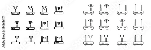 Various types of wireless routers displayed in a clear, organized grid format illustrating diverse designs and features