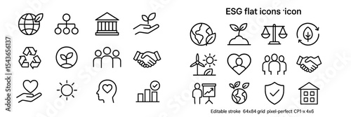 Concepts of environmental, social, and governance principles represented through flat design icons in a modern layout