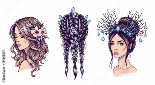 Set of vector illustrations of aesthetic witch hairstyles: loose waves, braids with crystals, and mystical headpieces