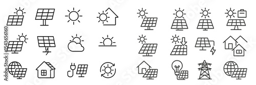 Solar energy icons depicting various aspects of renewable technology for home and global applications