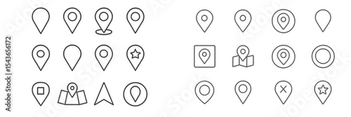 Collection of various map pins and location icons in simple line art style showcasing different shapes and designs for navigation