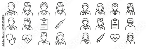 Health care professionals and medical symbols illustrated in a simple line art style for educational purposes