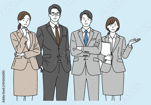 Confident Business Team Collaboration - Diverse Professionals Standing. Hand drawn style vector design illustrations.
