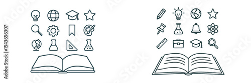 Various educational symbols and open books representing learning and knowledge in a minimalistic style