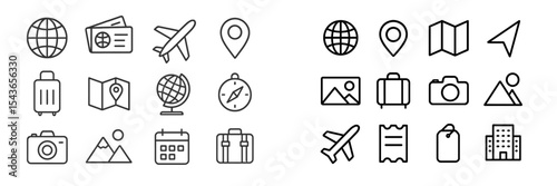 Variations of travel-related icons showcasing exploration and adventure elements in a minimalist design
