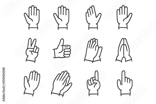 Different hand gestures illustrated in a simple black and white design showcasing various meanings and expressions