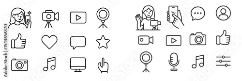 People using technology icons for social media, communication, and creative activities in a digital world